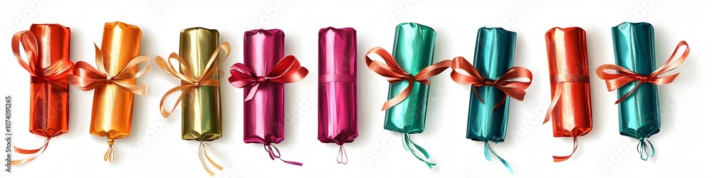 Poster Display of metallic New Year s crackers in shiny colors, each arranged with small ribbon ties on a seamless white background. Vector art, no shadows, 4k resolution, white background