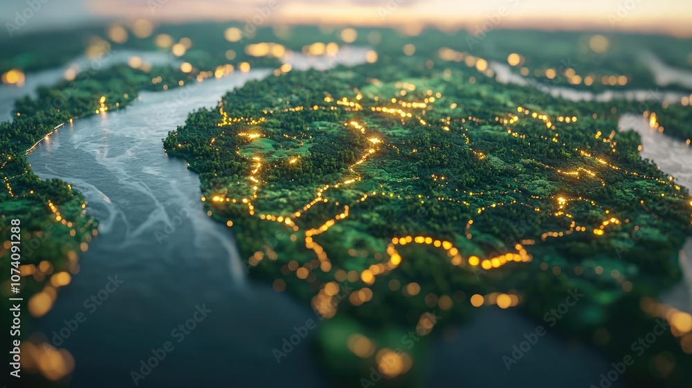 Poster aerial view of a lush landscape with illuminated paths and natural features at twilight.