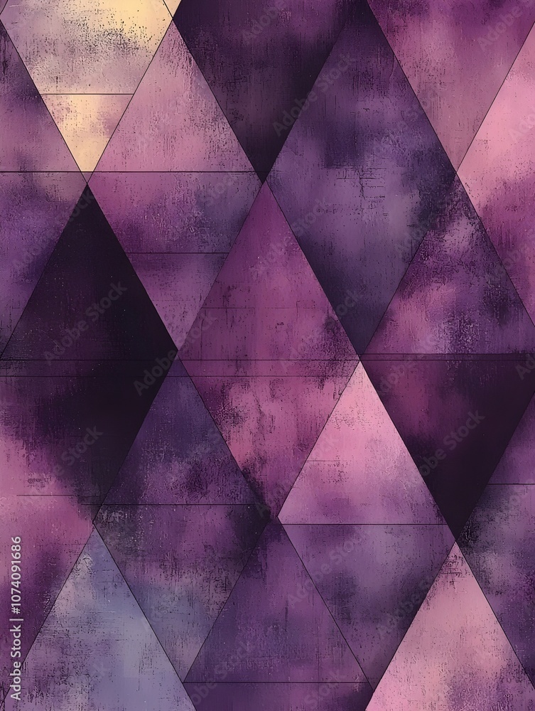 Poster an abstract geometric background featuring a series of interlocking triangles in deep purples, soft 
