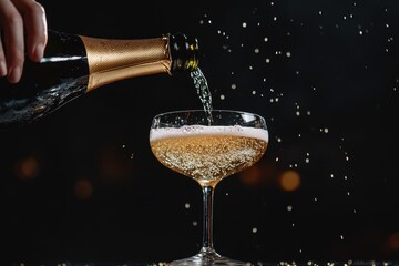 Amidst a dark party setting someone pours a bubbly gold drink from a sparkling wine bottle