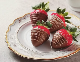 Four Chocolate Dipped Strawberries on Fine china AI