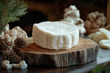 Avangard wooden display of soft white cheeses goat brie camembert