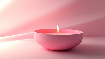 Minimalist, pink background, candles in a pink bowl