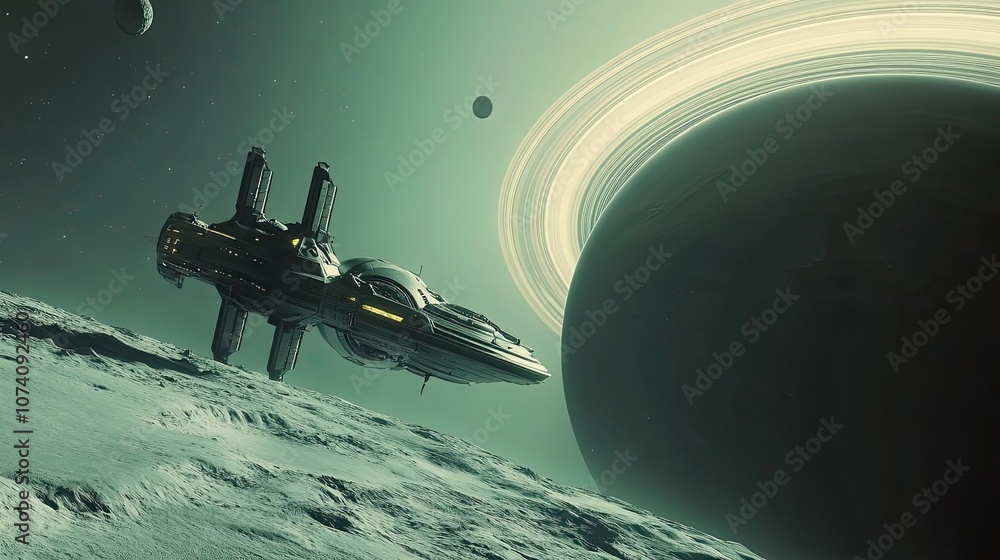 Poster futuristic spaceship landing on a snowy planet with a ringed planet in the background