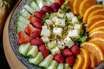 Bird s eye perspective of a nutritious salad featuring citrus berries apples cucumbers cheese and pistachios in a dish
