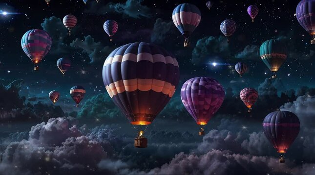 night sky landscape with a collection of hot air balloons in the sky. Seamless looping time-lapse virtual 4k video animation background