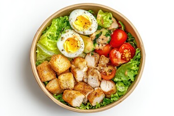 Bird s eye view of a Caesar salad with lettuce tomatoes quail eggs croutons chicken and dressing in a paper bowl against a white background