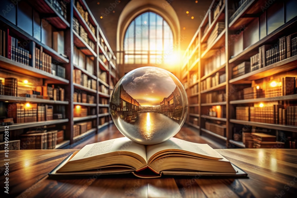 Poster enchanting double exposure of an open book and glowing sphere in a library, symbolizing the fusion o