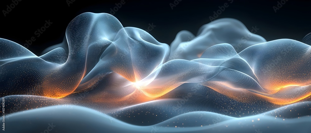 Poster a mesmerizing abstract wave of translucent fabric, illuminated with glowing orange highlights, creat