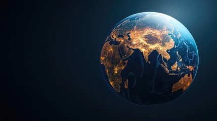Fototapeta premium Illuminated earth globe against dark background, showcasing city lights from space.