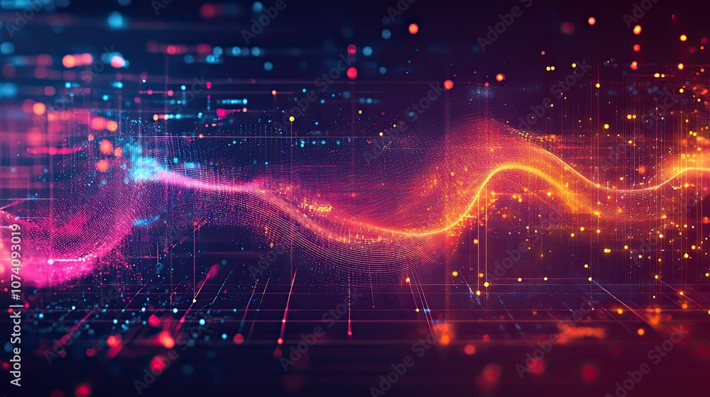 Poster abstract digital wave with glowing lights on grid background