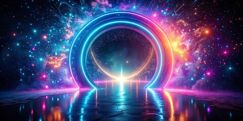 Enchanting Glowing Neon Portal with Sparkly Effects Illuminating a Dark Room for Urban Fantasy and Sci-Fi Inspired Night Photography