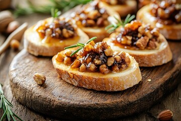 Blurred close up of bruschetta topped with brie jam honey and nuts on wood