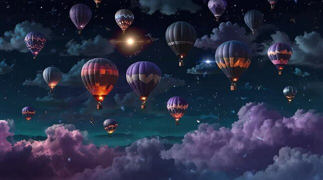 view of the night sky filled with hot air balloons. Seamless looping time-lapse virtual 4k video animation background