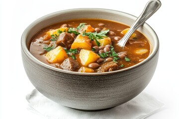 Bowl of potato curry with soy chunks spoon and tissue on white background