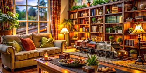 Enchanting Model Train Set in a Cozy Living Room with Warm Lighting and Inviting Decor, Perfect for Capturing the Art of Nostalgia and Home Comforts in a Relaxing Environment