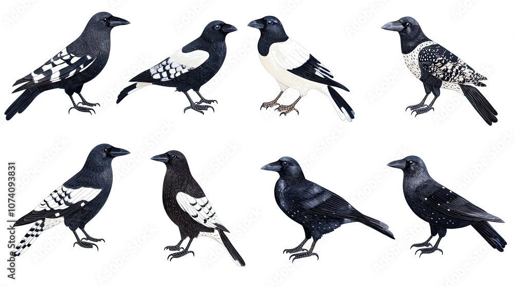 Poster collection of magpies on a transparent background generative ai