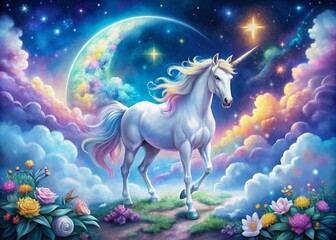 Fototapeta premium Enchanting Night Photography of a Unicorn in a Dreamy Watercolor Style Under a Starry Sky with Soft Pastel Colors and Ethereal Lighting for Fantasy Art Lovers