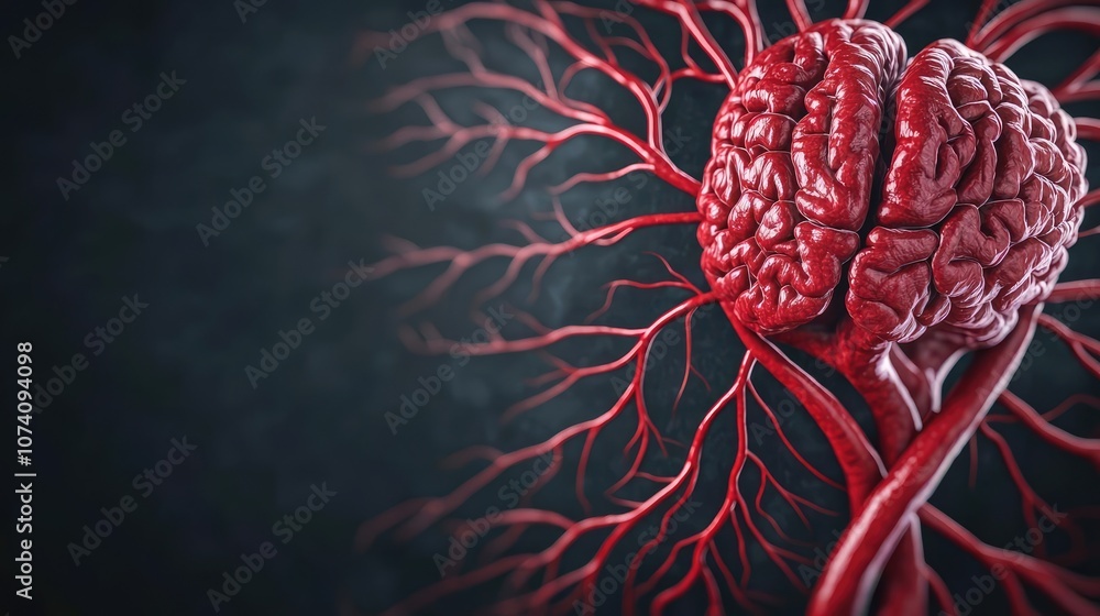 Poster realistic 3d illustration of a brain with vascular structures on a dark background.