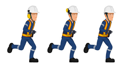 Set of running worker on white background