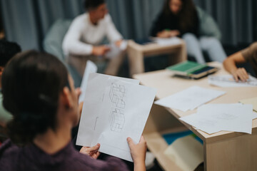 A group of students collaboratively analyze architectural drawings during a learning session in a classroom environment, fostering creativity and teamwork.