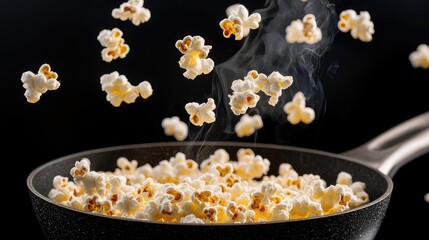 Freshly popped popcorn flying from a pan against a dark background.