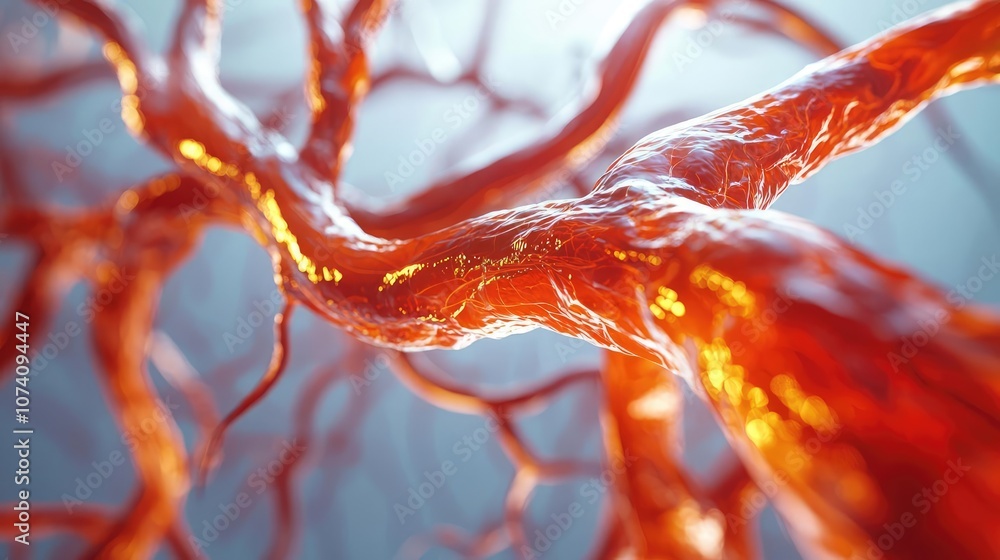 Poster close-up view of intricate red neural network against a blurred background.