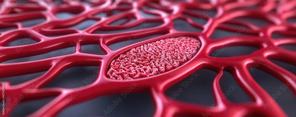 Poster abstract red cell structure on dark background, showcasing intricate details.