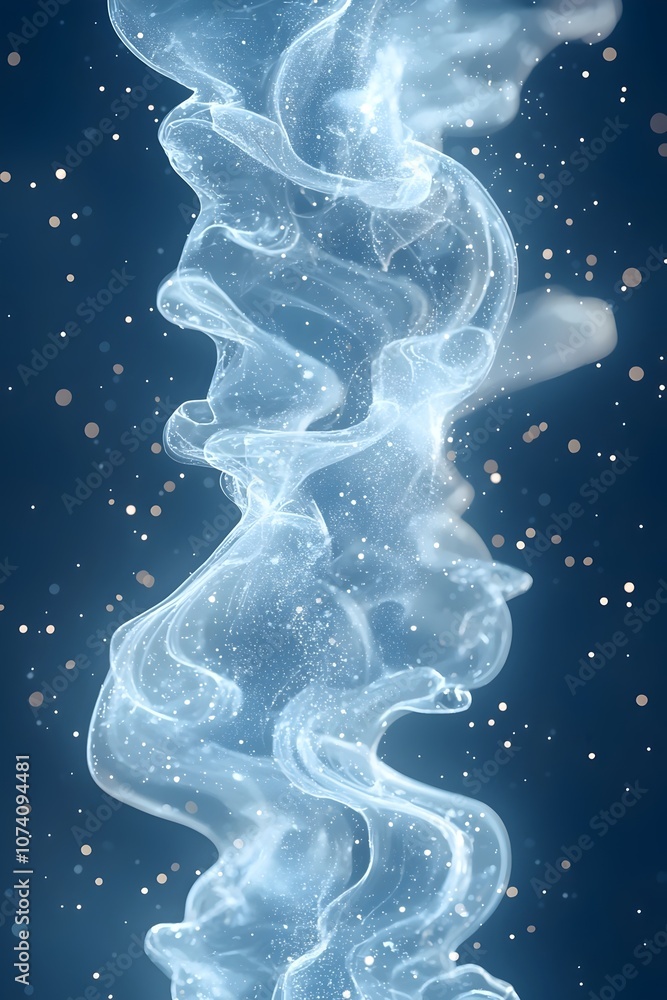 Poster a mesmerizing swirl of translucent blue and white smoke, illuminated by sparkling particles, creatin