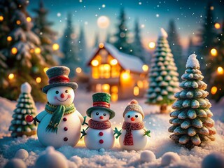 Obraz premium Enchanting Tilt-Shift Photography of Whimsical Snowman Watercolor Paintings in a Dreamy Winter Wonderland, Capturing the Joy and Magic of the Holiday Season
