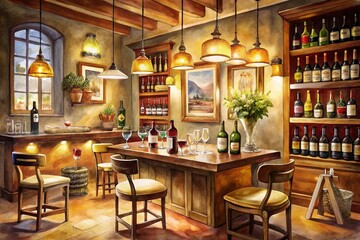 Obraz premium Enchanting Watercolor Scene of a Cozy Wine Bar with Rich Hues and Soft Lighting Capturing the Essence of Relaxation and Fine Wine Enjoyment in an Artistic Style