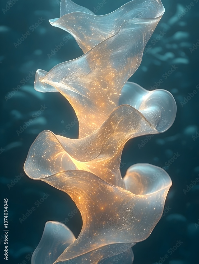 Poster a mesmerizing, translucent spiral of light with shimmering particles, creating a dreamy underwater e