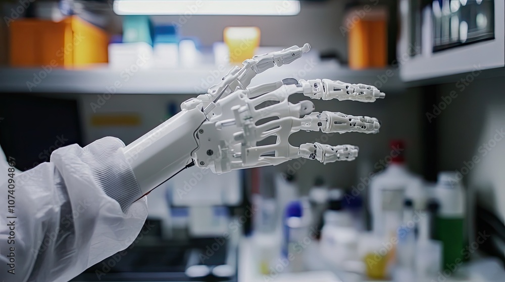Poster close-up of a white robotic hand in a laboratory setting