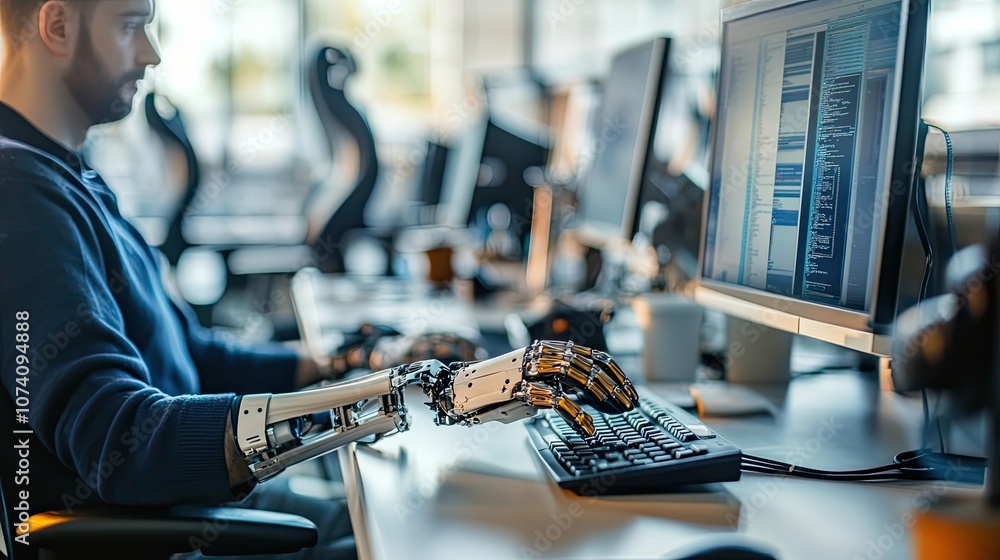 Poster a man with a prosthetic arm using a computer
