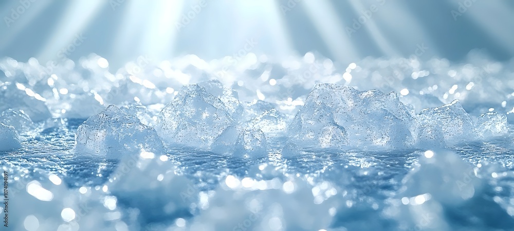 Poster a serene view of glistening ice crystals scattered across a surface, illuminated by soft rays of lig