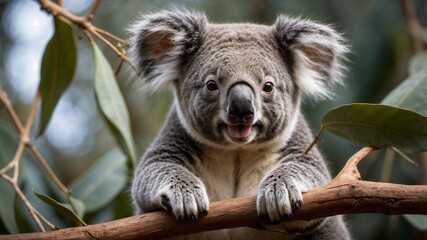 Obraz premium A koala with a cheerful expression looks curiously among lush greenery