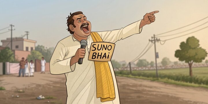 Indian politician energetically speaks at rural rally, connecting with crowd, using microphone and hand gestures, promoting political engagement and community involvement in vibrant indian setting