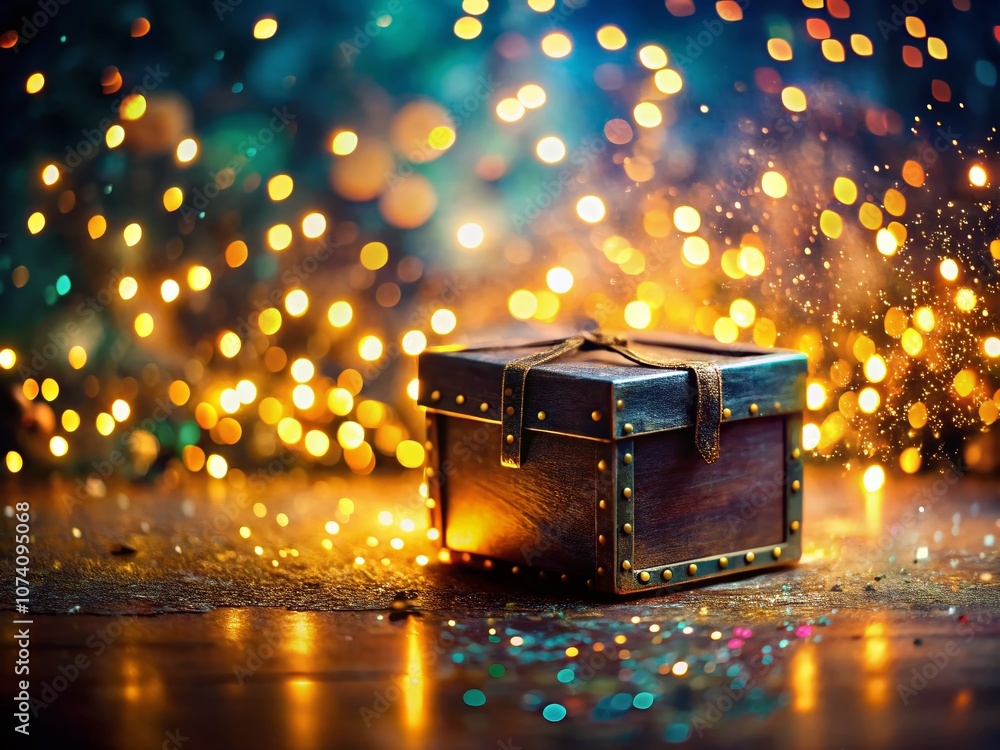Aufkleber enigmatic box under sparkling lights with bokeh effect for evocative imagery and creative concepts