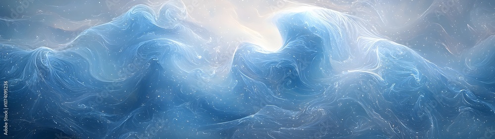 Poster A mesmerizing abstract portrayal of swirling blue waves, creating an ethereal and tranquil atmosphere. Soft gradients and sparkling accents add to its dreamlike quality.