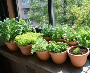 Fototapeta premium Clay pots with fresh salad and herbs sit on the balcony windowsill beside a watering can and spray bottle for plant care Indoor gardening