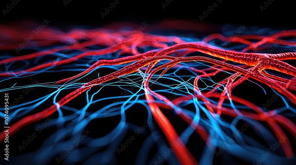Poster abstract representation of colorful neural connections on a dark background.