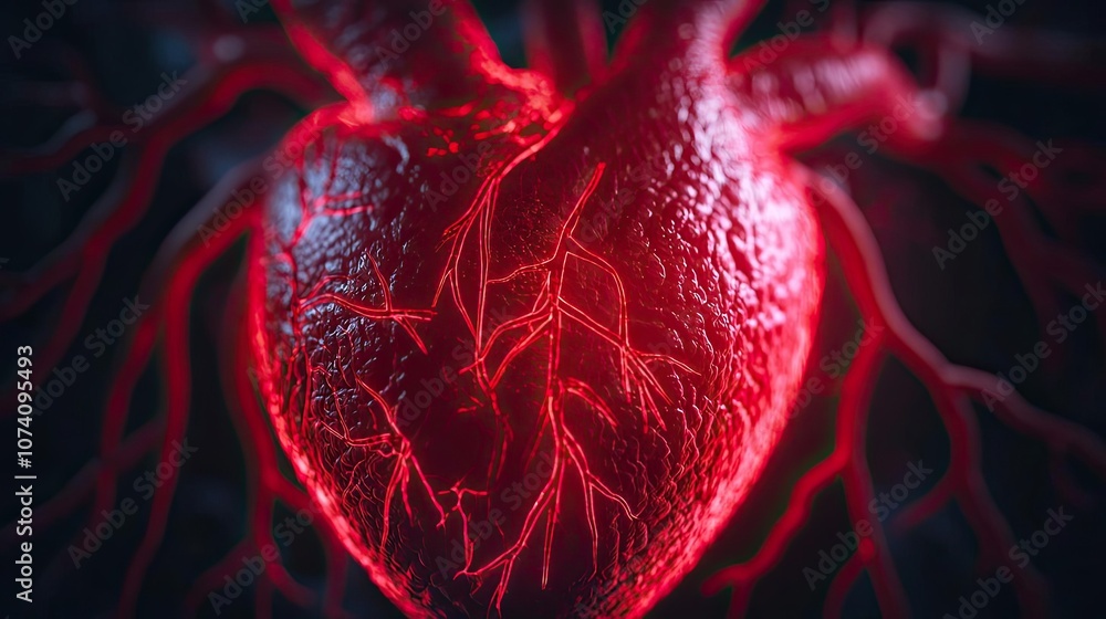Poster realistic 3d heart with intricate details and glowing red color