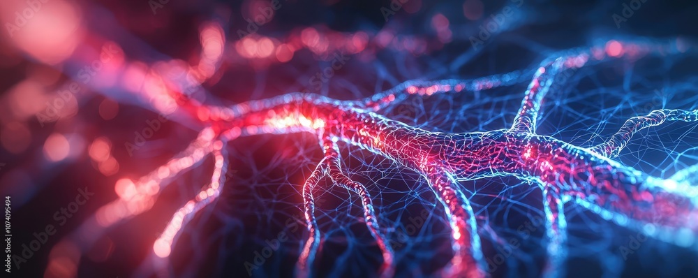 Poster abstract visualization of neural networks in vibrant blue and red colors.
