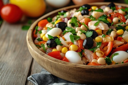 Close up of a bowl of Spanish empedrat salad featuring cod white beans tomatoes bell peppers onions eggs and black olives