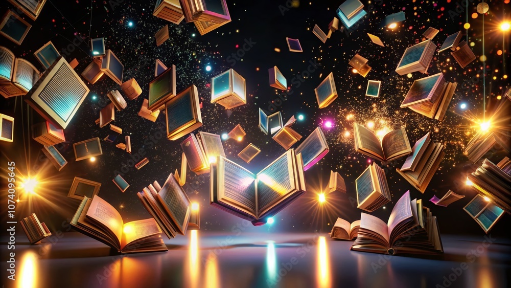 Aufkleber ethereal glowing books floating in an abstract pattern against a black background for captivating pr