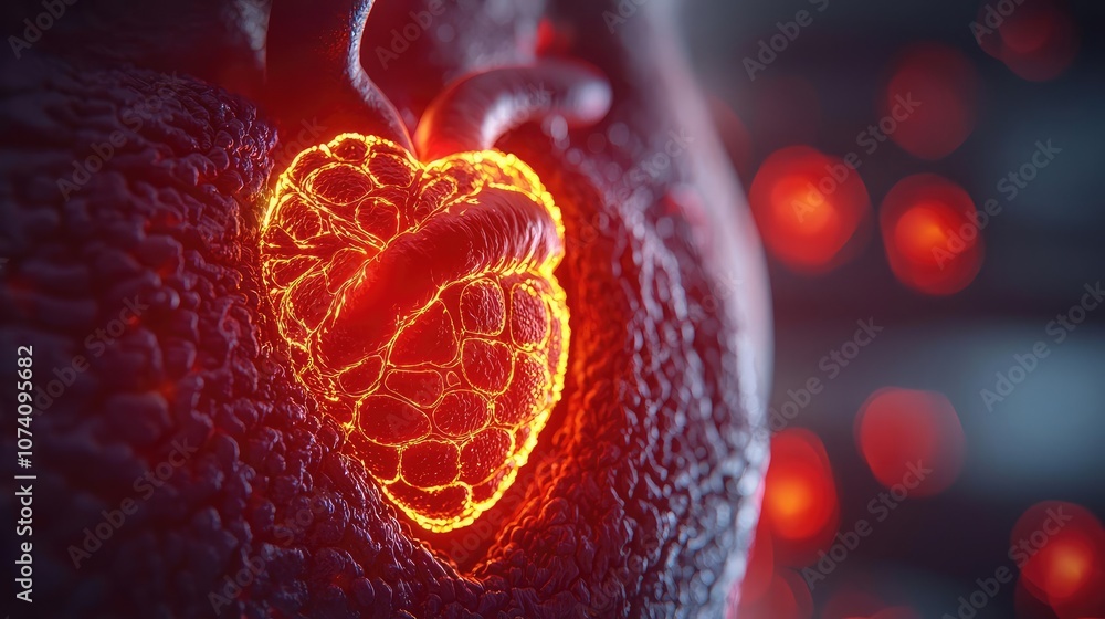 Poster a glowing heart embedded within a textured surface, showcasing intricate design.