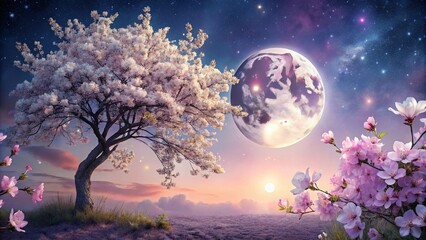Ethereal Dreamscape: A Serene Composition of Flowers, the Moon, and a White Tree with Pink Blossoms in Lavender and Gray Tones Captured with the Rule of Thirds