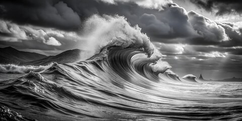 Ethereal Essence: Captivating Black and White Waves in High Definition with a Low Light Photography Approach, Emphasizing Texture and Motion for a Dreamy Atmosphere