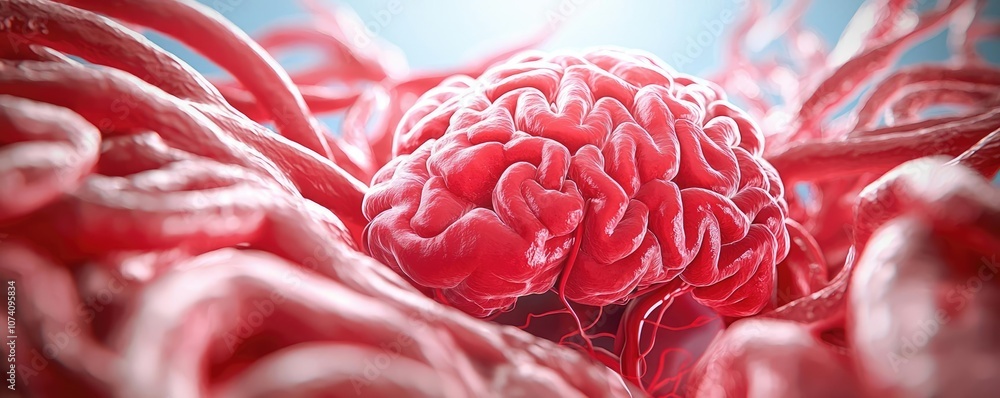 Poster detailed view of a human brain with intricate neural connections, vivid red color.