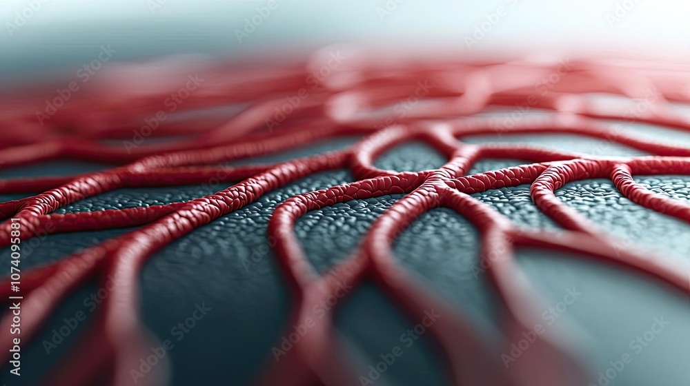 Poster close-up of intricate red thread patterns on a textured surface.